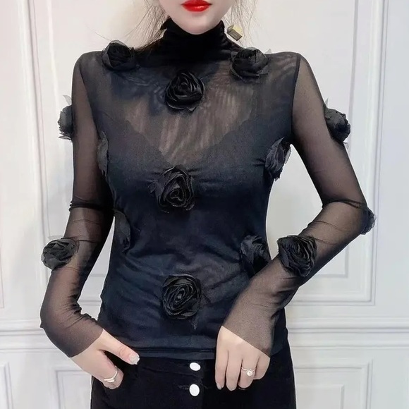 🎉New 24’Spring Summer 3-D Pink Solid Flower Stretch Mesh Turtleneck Top - Picture 6 of 10